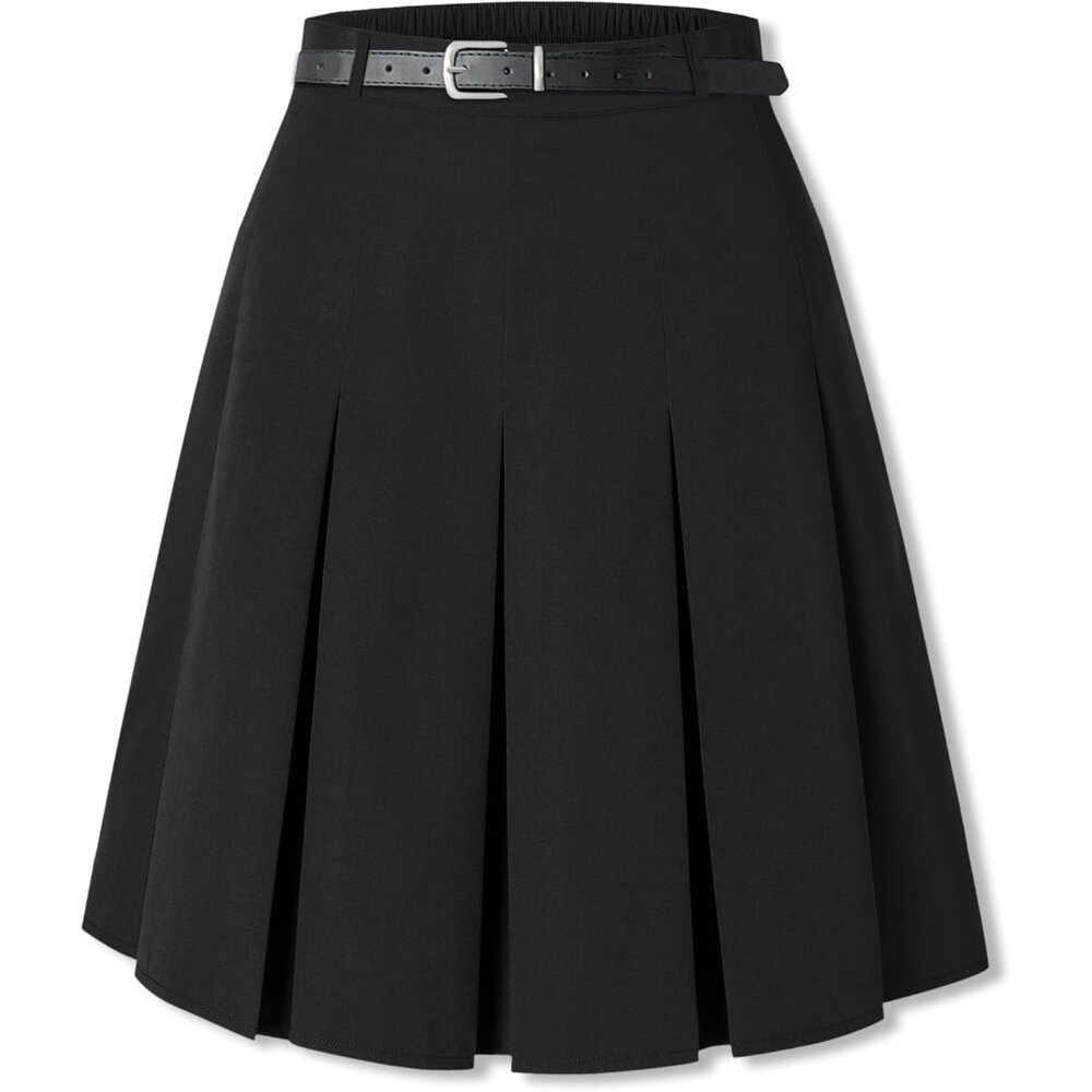 Women Knee Length Pleated Skirts, Girl Midi Long High Waisted Skirt Black
